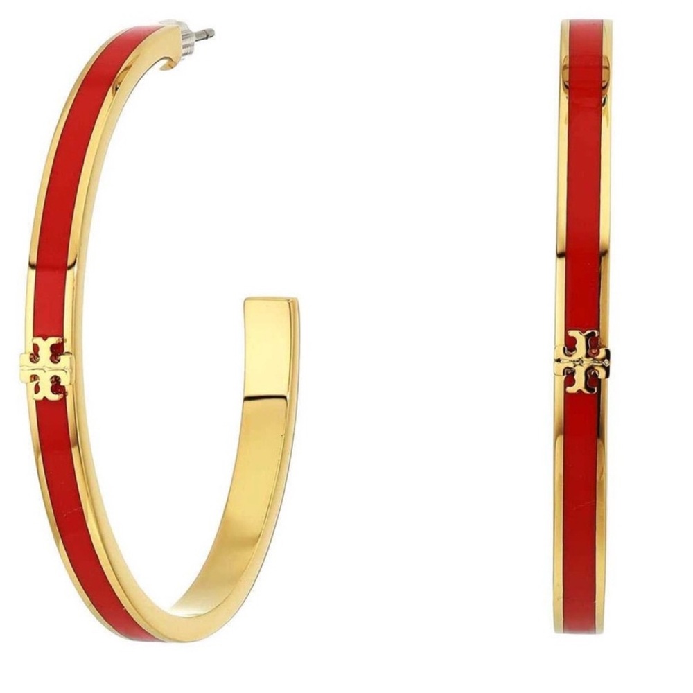 Gold and Red Hoop Earrings - Picture 2 of 7